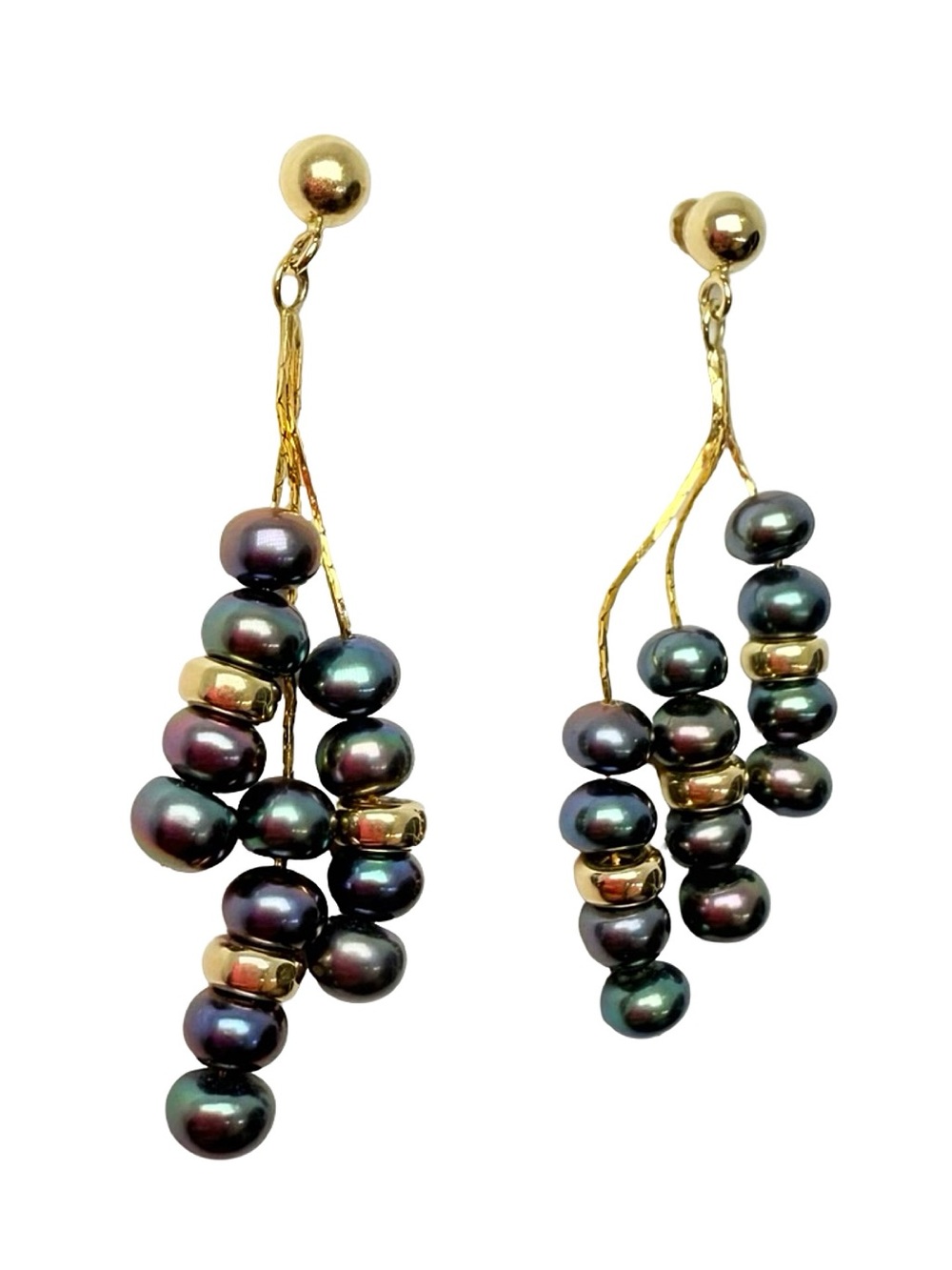 Gold & Black Pearl Cluster Drop Earrings - Elegant Women's Jewelry - Picture 8 of 16